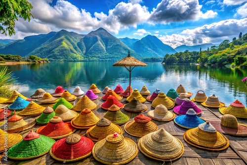 Kintamani Bali Lake Entrance 2024 - Panoramic Straw Hats Wallpaper photo