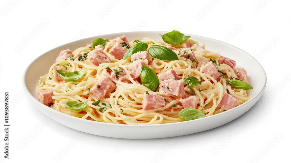 Delicious Spaghetti with Tender Ham and Fresh Basil Delicious Spaghetti with Tender Ham and Fresh Basil