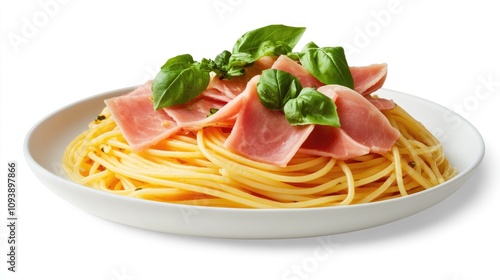 Fresh Spaghetti with Sliced Ham and Basil Garnish