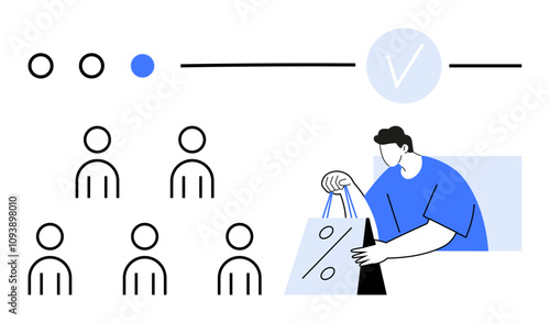 Circles demographic icons blue check mark, shopper holding discount bags. Ideal for marketing, demographics, customer targeting, advertising, sales, shopping, consumer behavior. Line metaphor
