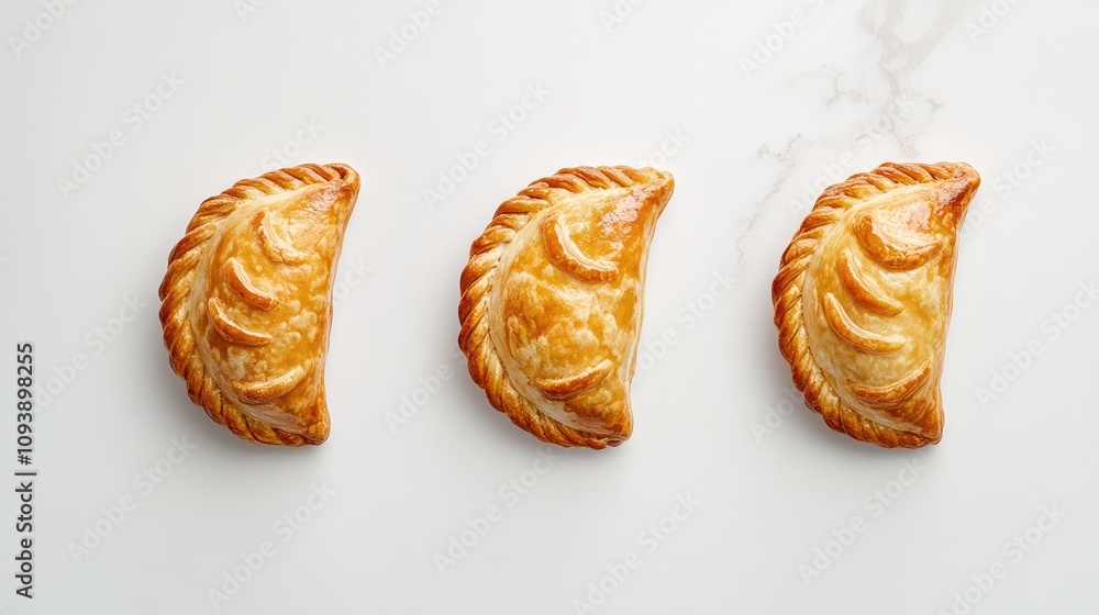 Three Golden Brown Pastries on a White Surface Three Golden Brown Pastries on a White Surface