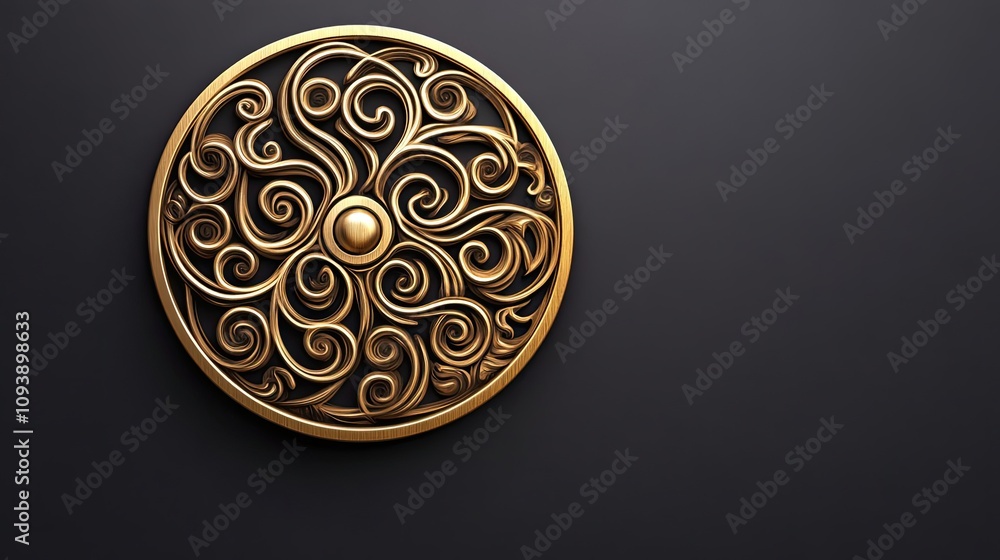 Golden Circular Ornament with Intricate Swirls and a Central Orb Golden Circular Ornament with Intricate Swirls and a Central Orb