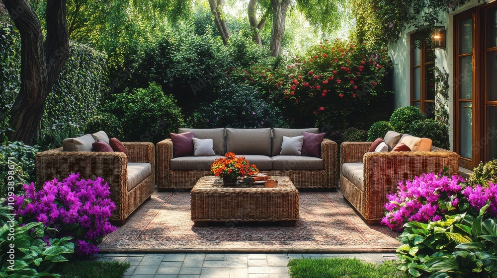 Fototapeta premium Cozy Outdoor Living Area with Comfortable Rattan Sofa and Colorful Floral Accents Surrounded by Lush Greenery and Vibrant Flowers in a Serene Garden Setting