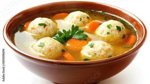 Matzah Ball Soup with Carrots in Vibrant Bowl