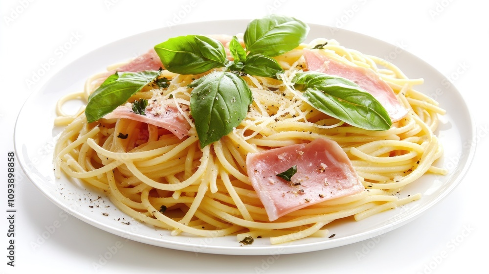 Fresh Spaghetti with Ham and Basil Garnish Fresh Spaghetti with Ham and Basil Garnish