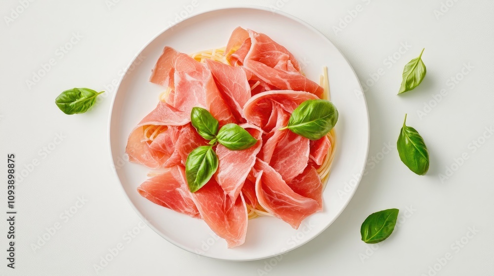 Spaghetti with Ham Slices and Fresh Basil Garnish Spaghetti with Ham Slices and Fresh Basil Garnish
