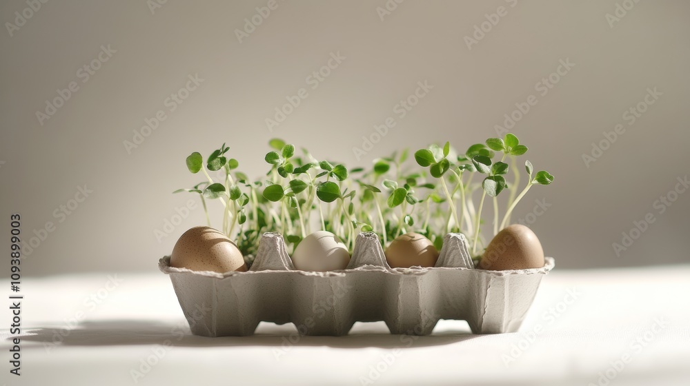 Growing seedlings from eggshells in a carton under natural light with a soft backdrop Growing seedlings from eggshells in a carton under natural light with a soft backdrop