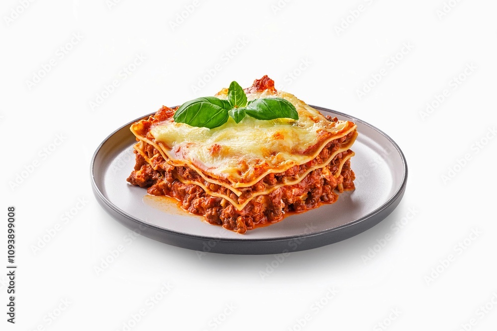 Fototapeta premium Top view of a plate of lasagna with layers of meat sauce and cheese, isolated on white background