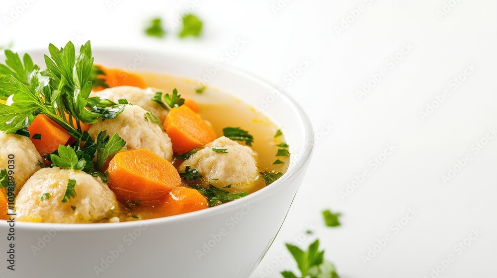 Matzah Ball Soup in a White Bowl with Fresh Herbs Matzah Ball Soup in a White Bowl with Fresh Herbs