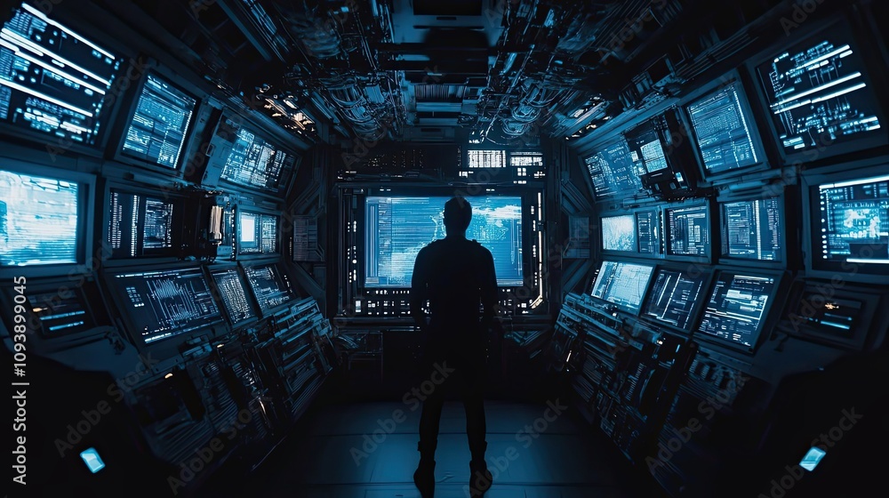 Silhouetted Figure Standing in a Room Filled with Screens Displaying Data Silhouetted Figure Standing in a Room Filled with Screens Displaying Data