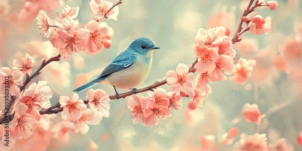Fototapeta premium Blooming pink flowers in spring with a vibrant blue bird perched on a branch creating a serene atmosphere