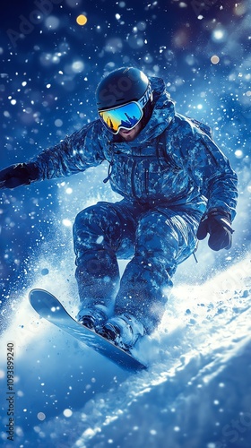 Snowboarder performing an aerial maneuver in snowy mountains.