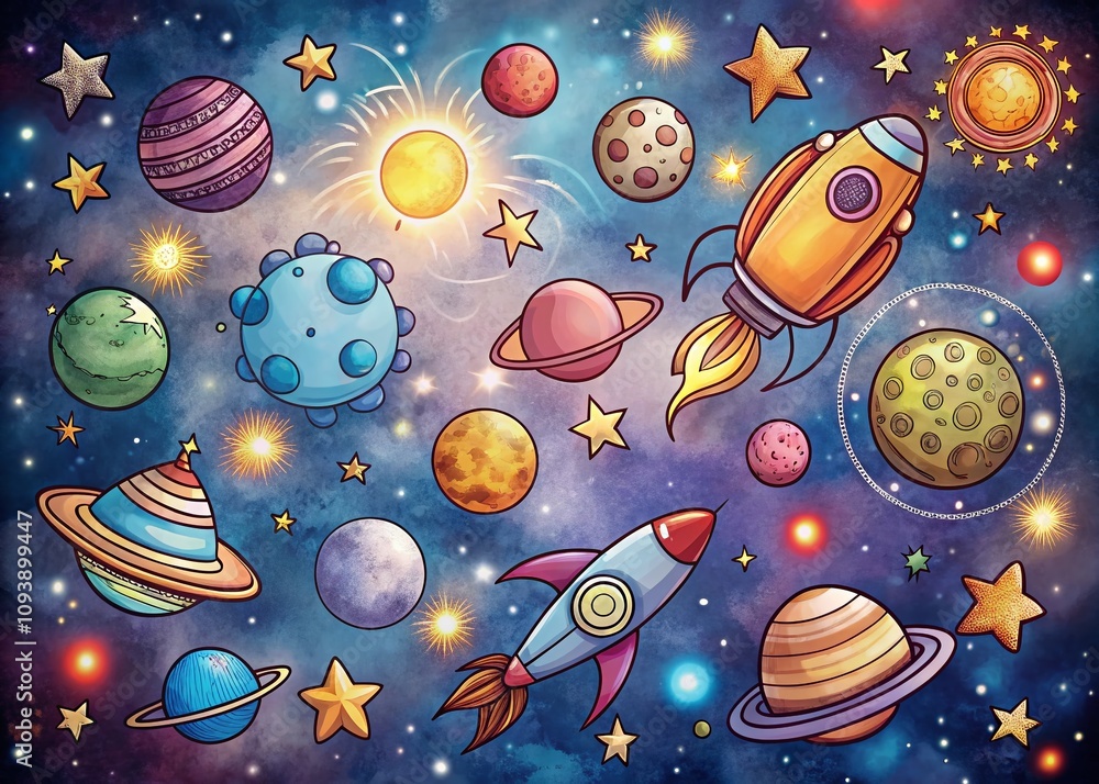 Hand-Drawn Cosmic Doodles with Bokeh Effect for a Whimsical Space Illustration Collection Ideal for Children’s Books and Educational Materials Hand-Drawn Cosmic Doodles with Bokeh Effect for a Whimsical Space Illustration Collection Ideal for Children’s Books and Educational Materials