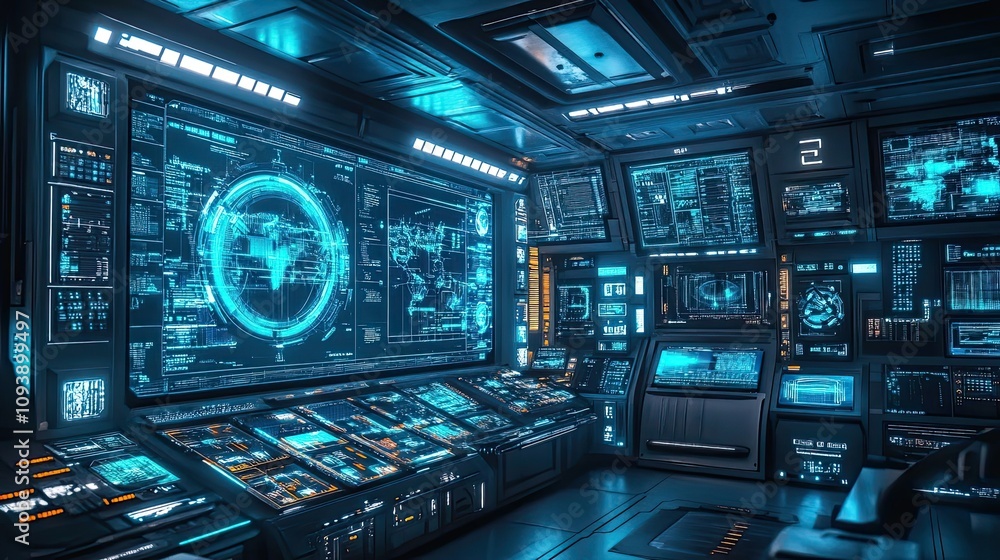 Obraz premium Futuristic Control Room with World Map Display and Multiple Monitors