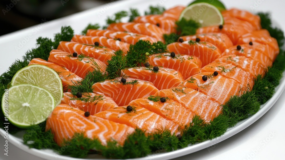 Fresh Salmon Slices with Lime and Dill Garnish Fresh Salmon Slices with Lime and Dill Garnish