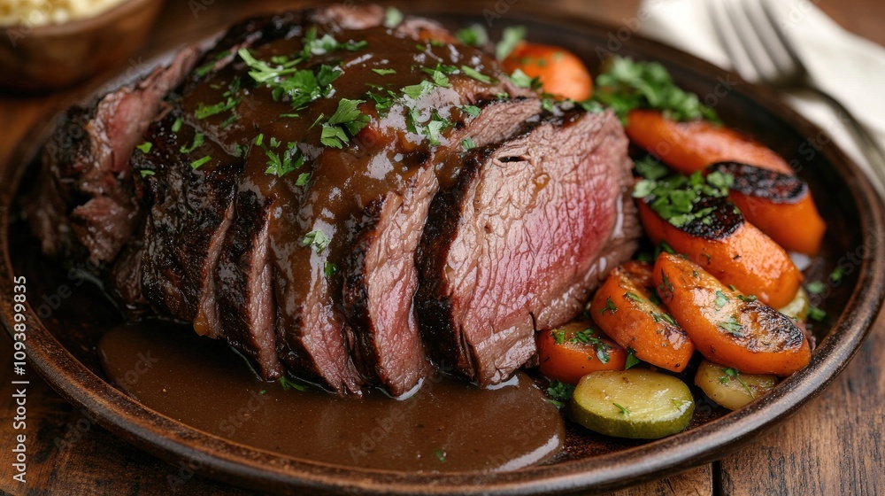 Juicy Roast Slices with Vegetables on a Brown Plate Juicy Roast Slices with Vegetables on a Brown Plate