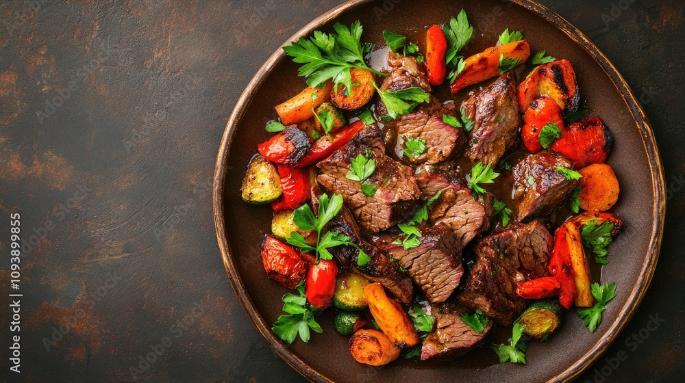 Juicy Roast with Colorful Vegetables on Plate Juicy Roast with Colorful Vegetables on Plate