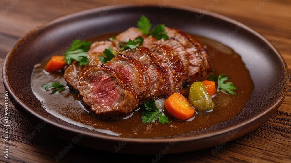 Perfectly Sliced Roast on Brown Ceramic Plate Perfectly Sliced Roast on Brown Ceramic Plate