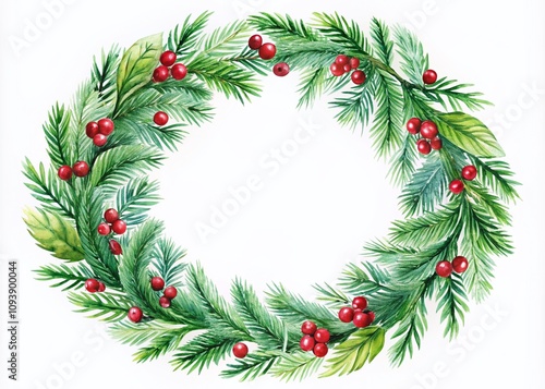 Wallpaper Mural Handdrawn Green Christmas Tree Fir Wreath with Red Berries on White Background for New Year Celebration Invite and Festive Frame Border Template Torontodigital.ca