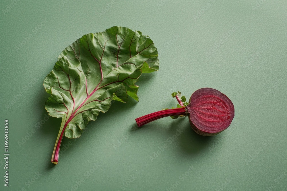 Fresh chard leaf and vibrant beetroot slice on soft green background, showcasing healthy eating and organic food concept. Fresh chard leaf and vibrant beetroot slice on soft green background, showcasing healthy eating and organic food concept.