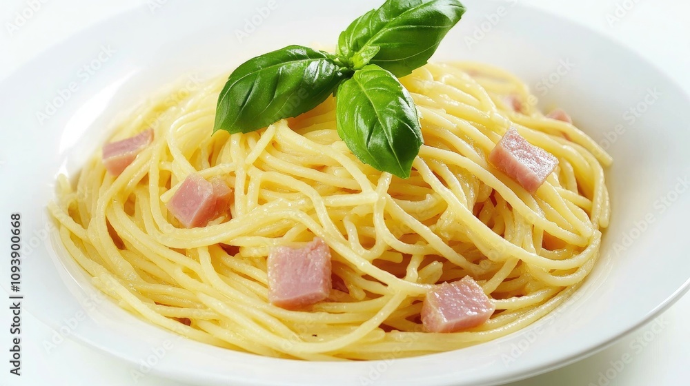 Spaghetti with Ham and Fresh Basil Garnish Spaghetti with Ham and Fresh Basil Garnish