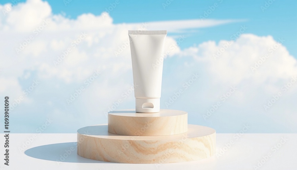 A round podium with a fake sunscreen tube standing on it. The concept of protection against ultraviolet rays and the harmful effects of sunlight on the skin. A round podium with a fake sunscreen tube standing on it. The concept of protection against ultraviolet rays and the harmful effects of sunlight on the skin.