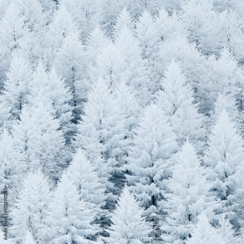 Aerial view of snow-covered evergreen forest in winter.