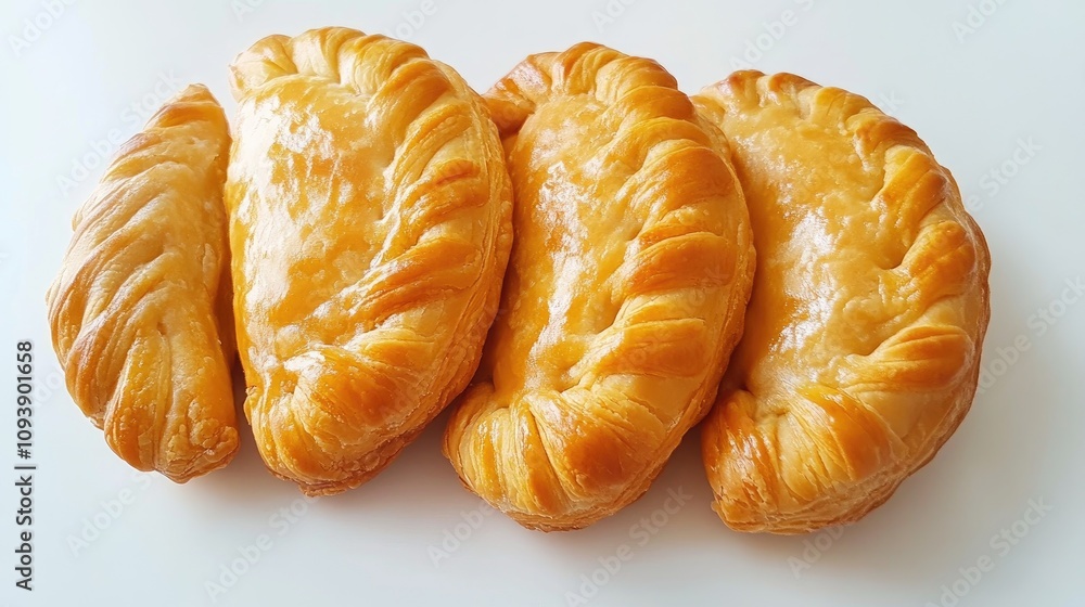 Trio of Golden Flaky Empanadas on White Surface Trio of Golden Flaky Empanadas on White Surface