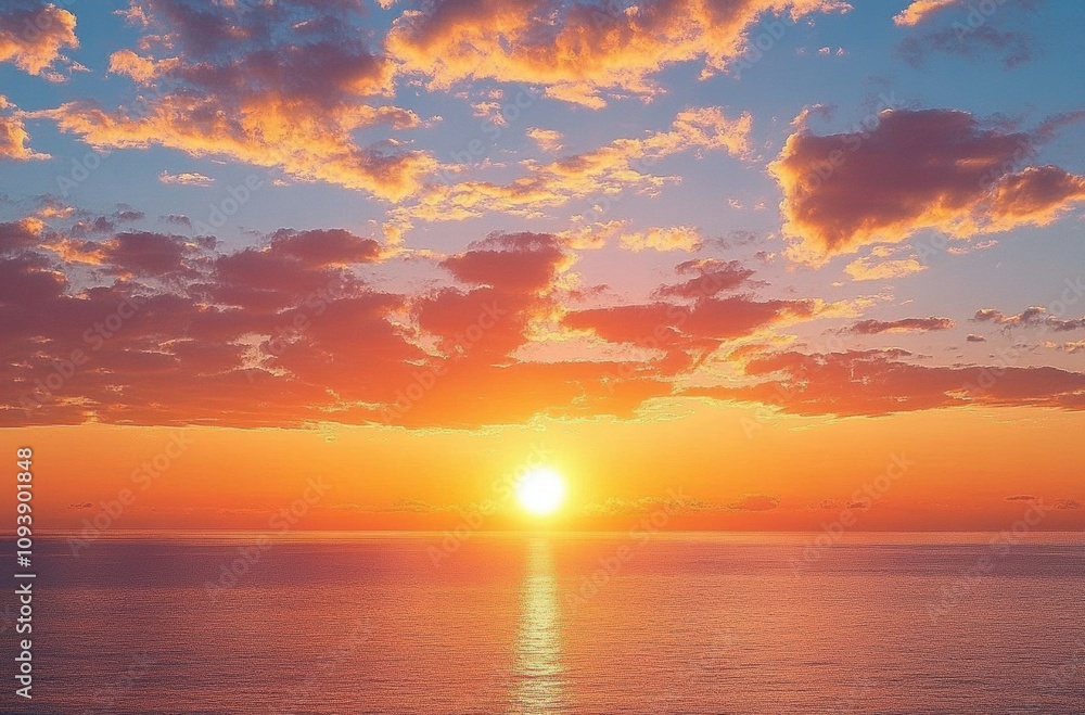 Stunning Ocean Sunset with Colorful Sky and Fluffy Clouds Stunning Ocean Sunset with Colorful Sky and Fluffy Clouds
