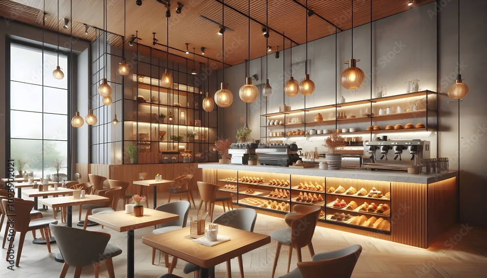 Obraz premium Cozy Café Interior with Hanging Lights and Counter Displaying Pastries