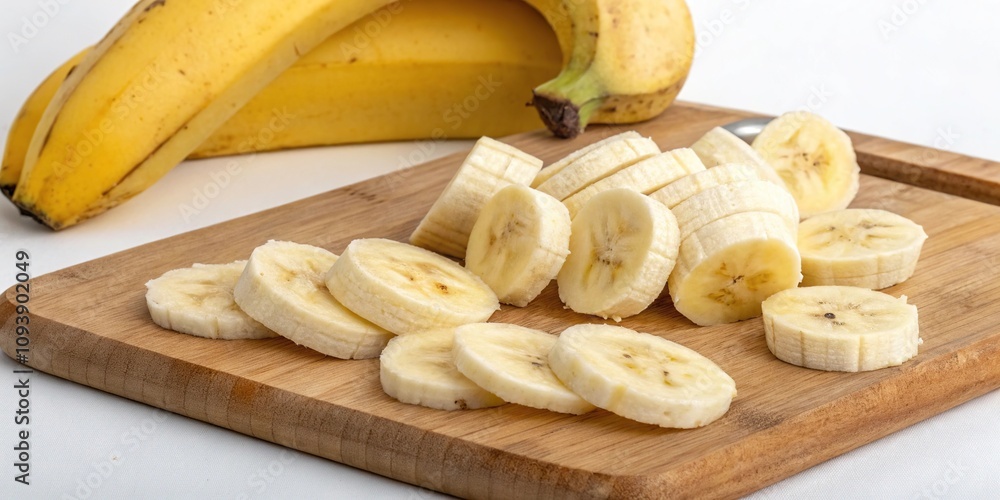 Sliced ripe bananas on a wooden cutting board, bananas, breakfast ideas, food, fresh fruit Sliced ripe bananas on a wooden cutting board, bananas, breakfast ideas, food, fresh fruit