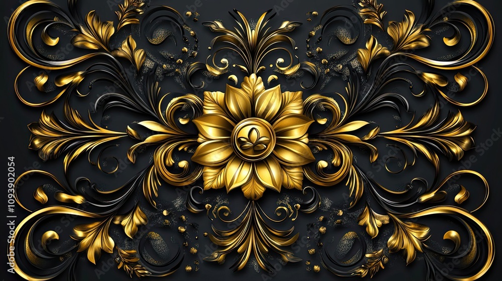 Golden Floral Pattern on Black Background Golden Floral Pattern on Black Background