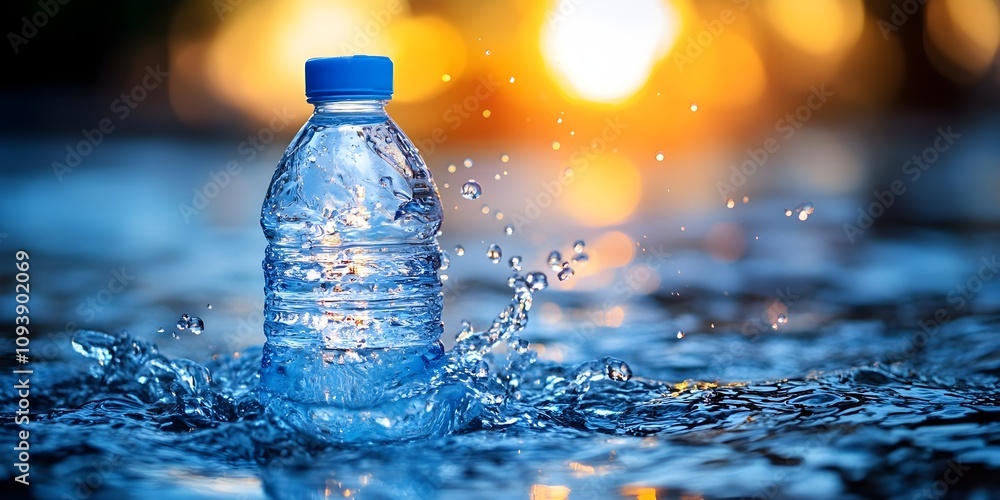 Refreshing water bottle splashing into cool water at sunset. Refreshing water bottle splashing into cool water at sunset.