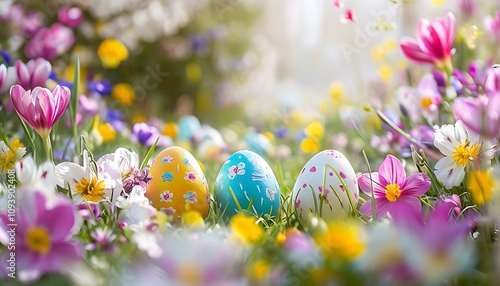 easter eggs hidden among blooming flowers