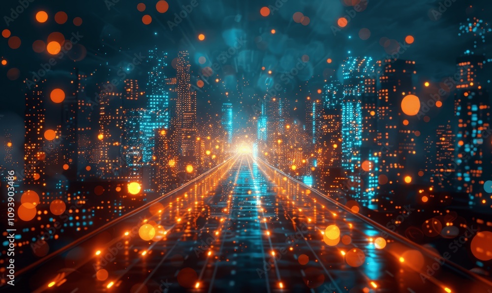 Futuristic High-Speed Data Transmission with Glowing Lines and Particles in Blue and Orange Futuristic High-Speed Data Transmission with Glowing Lines and Particles in Blue and Orange