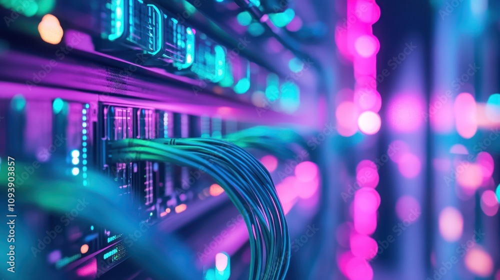 A close-up of a server rack with colorful LED lights and network cables. A close-up of a server rack with colorful LED lights and network cables.