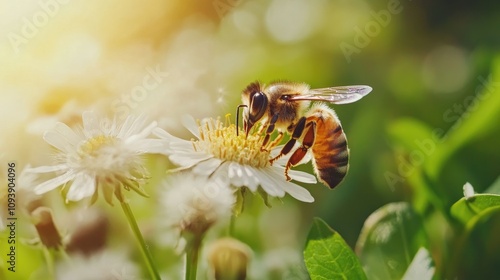 A bee pollinating a white daisy flower in a field with a soft, sunlit background.
