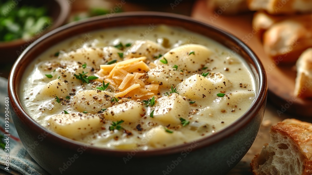 Creamy potato soup in a bowl, garnished with cheese, herbs, and pepper. Bread is in the background. Creamy potato soup in a bowl, garnished with cheese, herbs, and pepper. Bread is in the background.