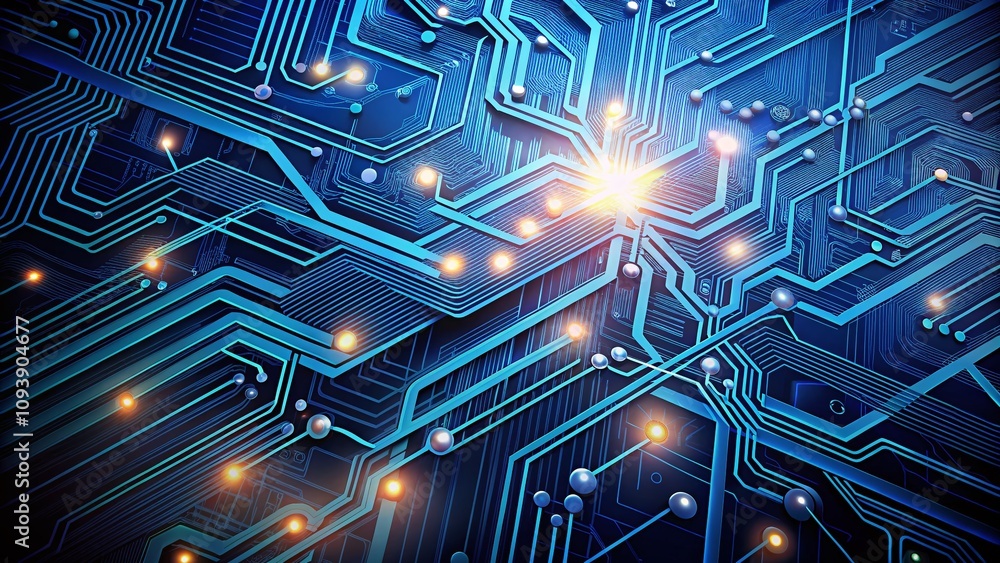 High-Tech Circuit Board Connection System Illustration on Dark Blue Background Featuring Abstract Technology Elements and Futuristic Design for Digital Innovation and Connectivity Concepts High-Tech Circuit Board Connection System Illustration on Dark Blue Background Featuring Abstract Technology Elements and Futuristic Design for Digital Innovation and Connectivity Concepts