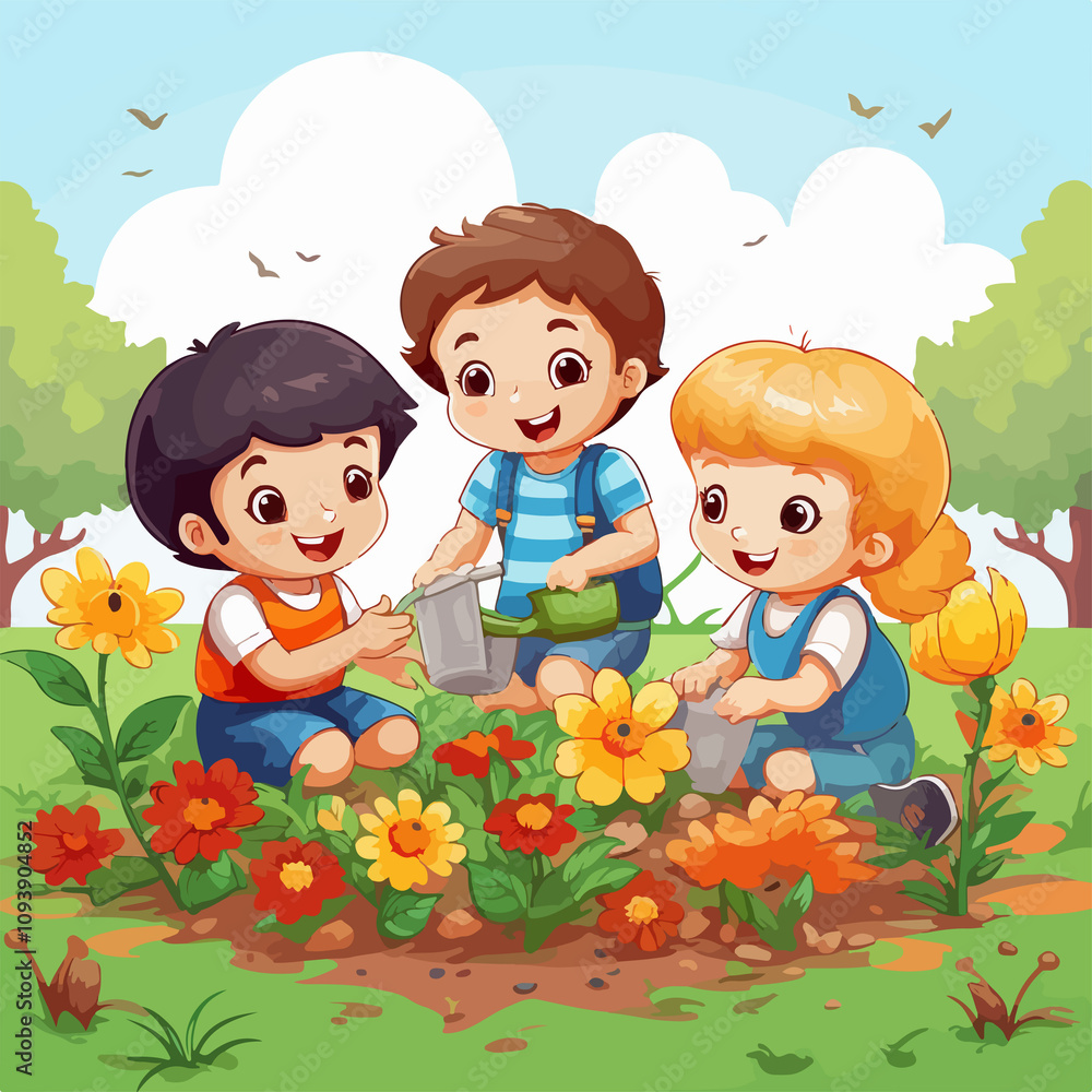 Kids Playing in Garden - Joyful Outdoor Playtime Fun Illustration Kids Playing in Garden - Joyful Outdoor Playtime Fun Illustration