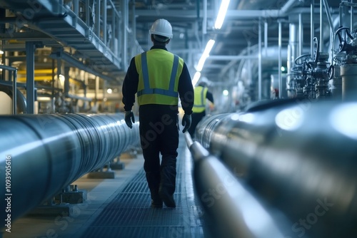 Wallpaper Mural A detailed industrial scene with workers in safety gear inspecting gas pipelines, highlighting the importance of maintenance and safety measures in the gas industry. Torontodigital.ca
