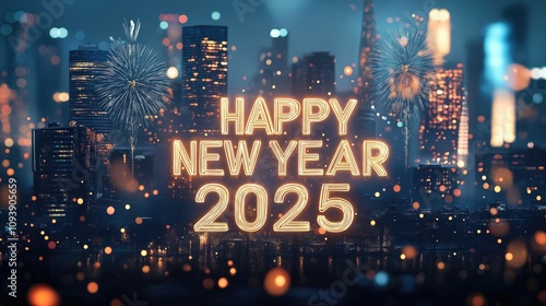 Fireworks Script Cityscape Greeting 2025, Golden New Year Message Over Urban Night Sky photo