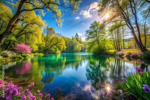 Idyllic Fantasy Forest with Lagoon on a Sunny Spring Morning: Long Exposure of Lush Greenery and Vibrant Blue Sky Capturing the Beauty of Nature in a Serene Landscape