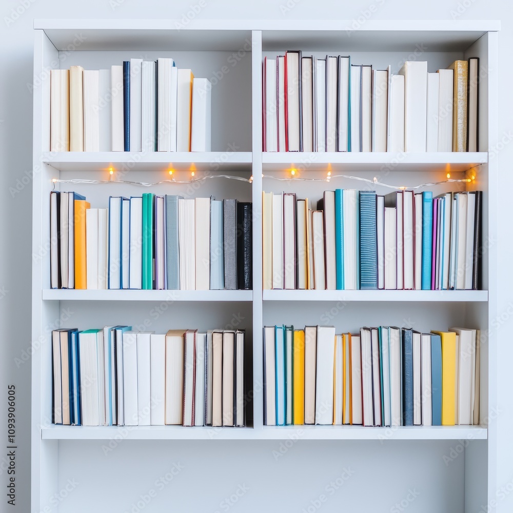Fototapeta premium White bookshelf filled with various books and fairy lights.