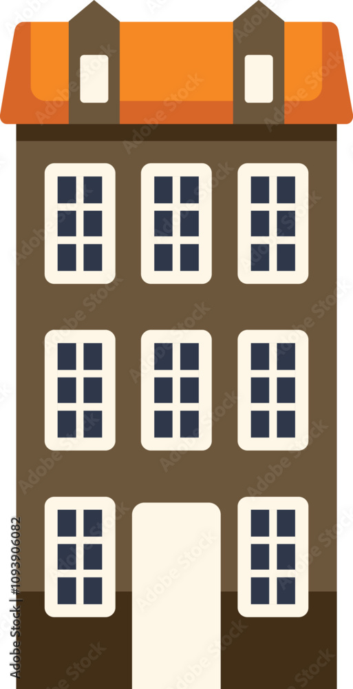 Obraz premium Tall residential building with an orange roof and brown walls stands tall, featuring multiple windows and a welcoming entrance