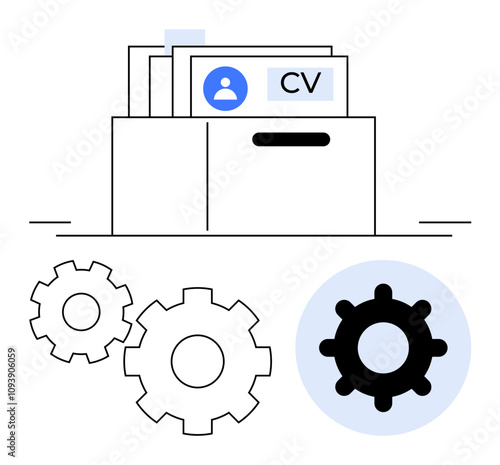 CV documents in a folder with three gears representing automation and efficiency. Ideal for HR processes, recruitment, job applications, efficiency, workflow automation, resume management, employment