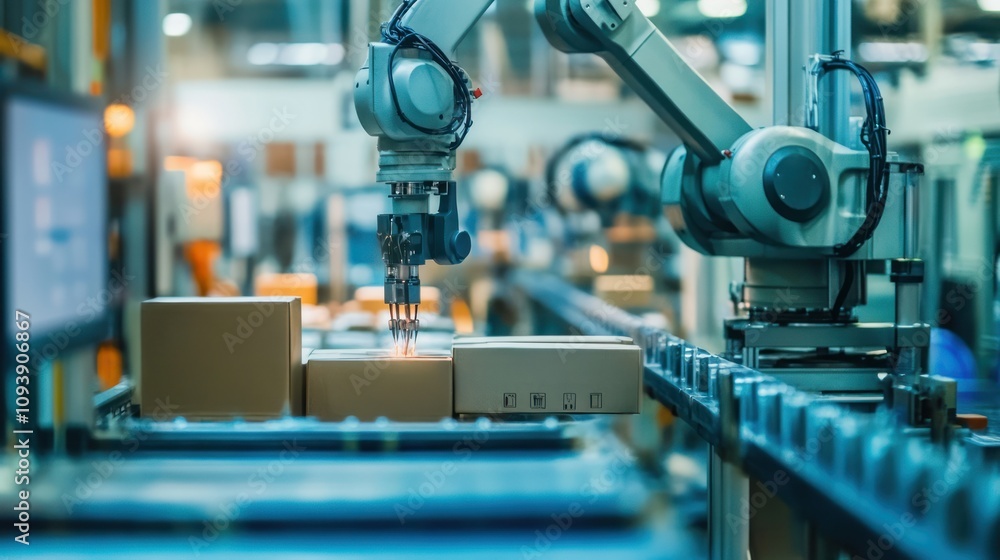 Robotic arm handling packages in an industrial setting. Robotic arm handling packages in an industrial setting.