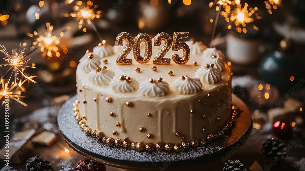 Delicious white cake decorated with gold for New Year's Eve 2025 celebration with sparklers. Delicious white cake decorated with gold for New Year's Eve 2025 celebration with sparklers.