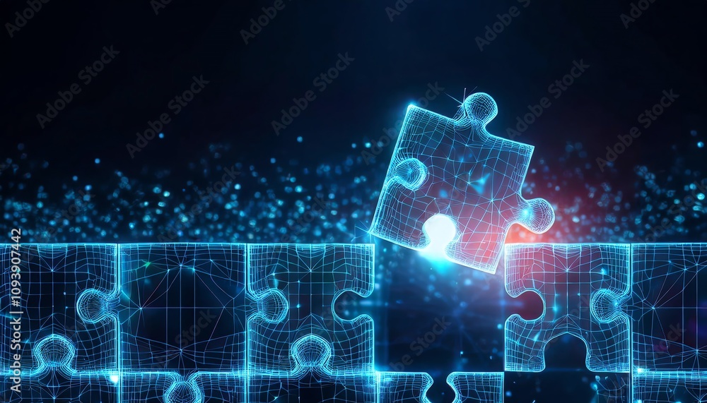 A glowing digital puzzle piece is being placed into a matrix of other illuminated puzzle pieces, symbolizing connection and technology. A glowing digital puzzle piece is being placed into a matrix of other illuminated puzzle pieces, symbolizing connection and technology.