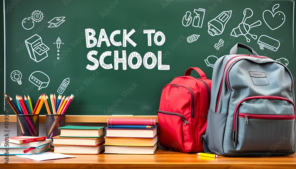 Back to school concept with school books, textbooks, backpack and stationery supplies on classroom desk. BACK TO SCHOOL written on teacher's green chalkboard. Suitable for marketing purposes Back to school concept with school books, textbooks, backpack and stationery supplies on classroom desk. BACK TO SCHOOL written on teacher's green chalkboard. Suitable for marketing purposes